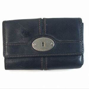 Vintage Fossil Navy Black Leather Trifold Wallet Keyhole Logo Key Print Interior